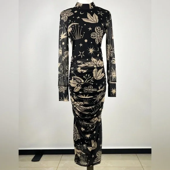 Farm Rio Black, Cream Patterned Midi Dress Cerrado Sky Tule Flattering, Ruching - Picture 2 of 3